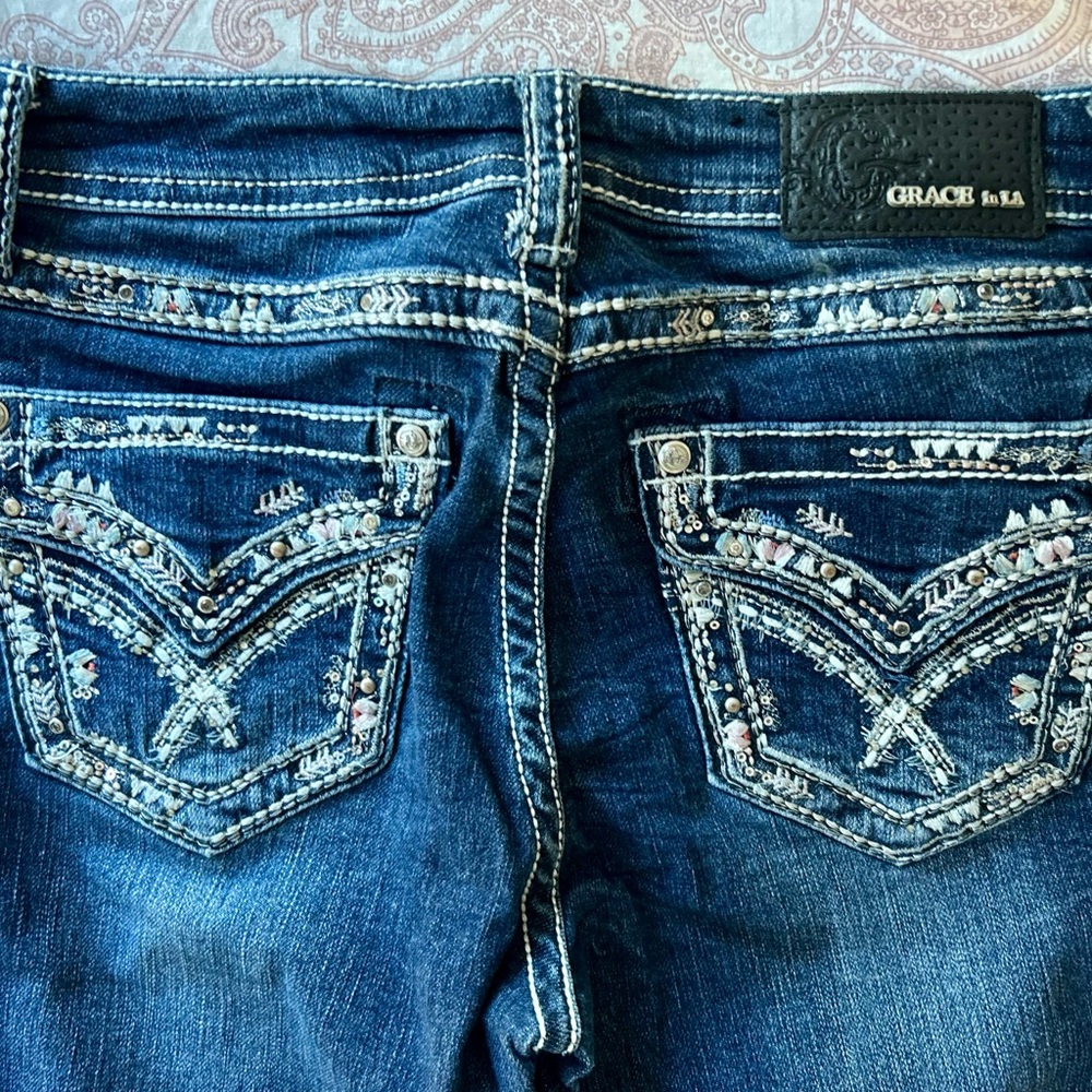 Grace in LA Women's Dark Blue Embellished Boot Cut Jeans